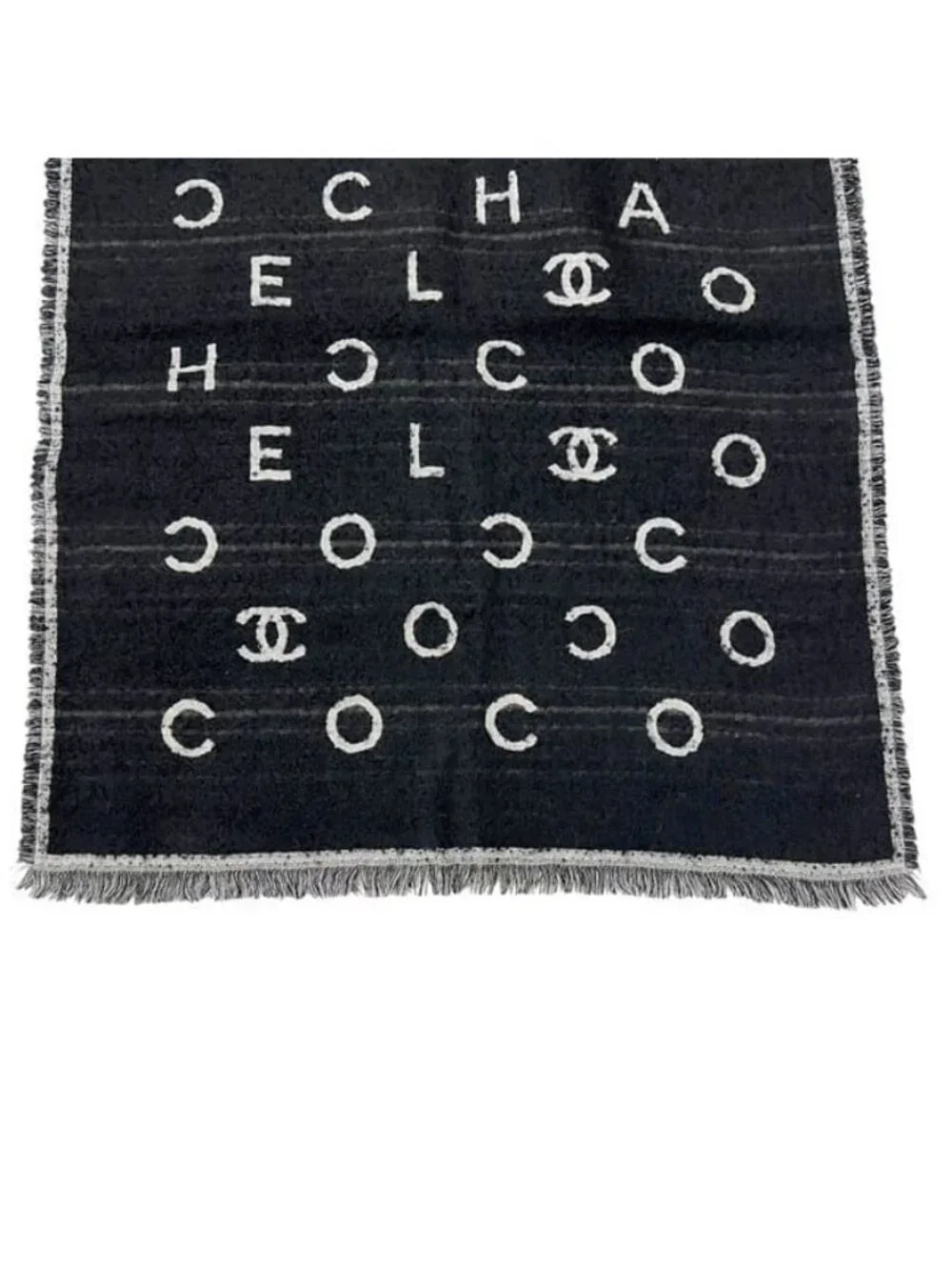 Chanel Shawl Reversible Logo Cashmere Silk Black Scarf